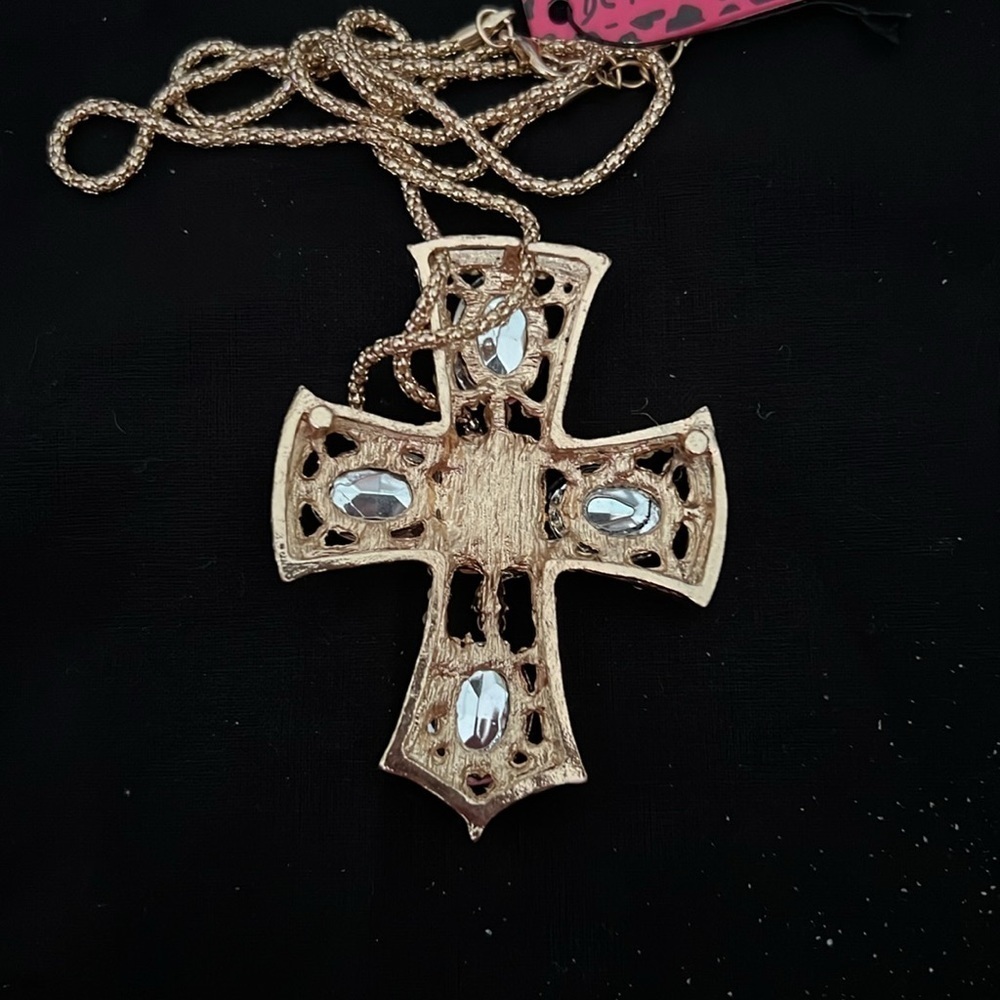Betsey Johnson Gold Purple Crystal Cross Necklace - Picture 3 of 4